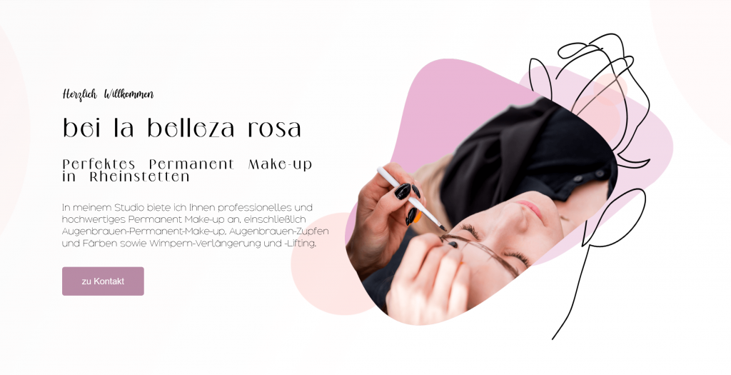 Das Logo von La Bella Rosa, einem Schönheits- und Make-up-Unternehmen. Das Logo besteht aus einem eleganten Schriftzug in Pink und Weiß.
